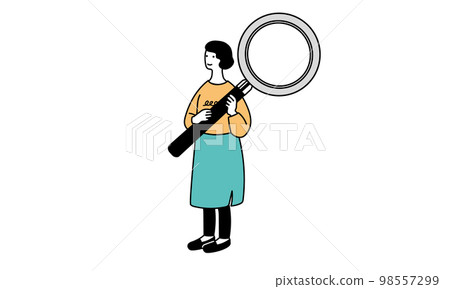 Illustration of a simple woman with a magnifying glass 98557299