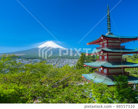 4 月的山梨/富士吉田:富士山和中靈塔以及新倉山淺間公園的新綠 4 月的山梨/富士吉田:富士山和中靈塔以及新倉山淺間公園的新綠 98557310