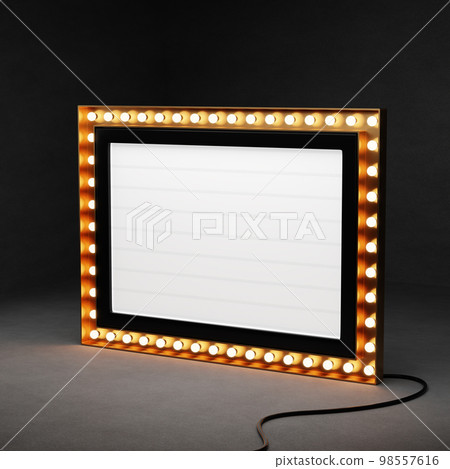 3d retro gold signboard with glowing yellow light bulb . Concept of billboard design for cinema, casino, marquee or nightclub . 3d high quality render 98557616