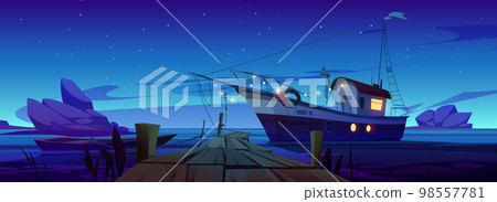 Fishing boats at pier in lake, river or sea harbor Fishing boats at pier in lake, river or sea harbor 98557781