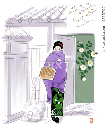 和服女人與冷茶花的插圖 和服女人與冷茶花的插圖 98557904