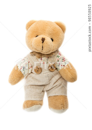 Cute teddy bear in clothes on a white background Cute teddy bear in clothes on a white background 98558925