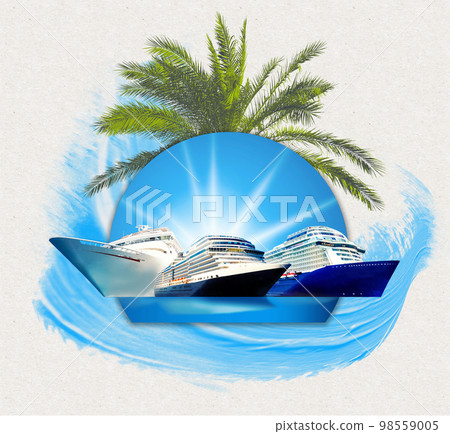 Abstract cruise ships or big liners in open water with tropic palm background . Collage or design about travel and vacations concept 98559005