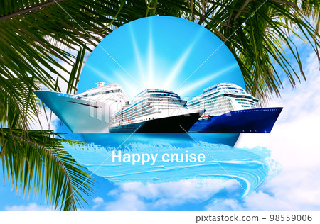 Abstract cruise ships or big liners in open water with tropic palm background . Collage or design about travel and vacations concept 98559006