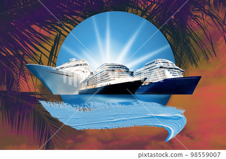 Abstract cruise ships or big liners in open water with tropic palm background . Collage or design about travel and vacations concept 98559007