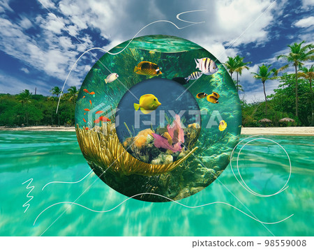 Colorful coral reef with many fishes and sea turtle. The people at snorkeling underwater tour at the Caribbean Sea at Honeymoon Beach on St. Thomas, USVI - travel concept Colorful coral reef with many fishes and sea turtle. The people at snorkeling underwater tour at the Caribbean Sea at Honeymoon Beach on St. Thomas, USVI - travel concept 98559008