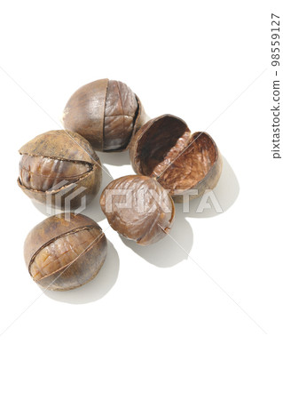 Photographing sweet chestnuts against a white background 98559127