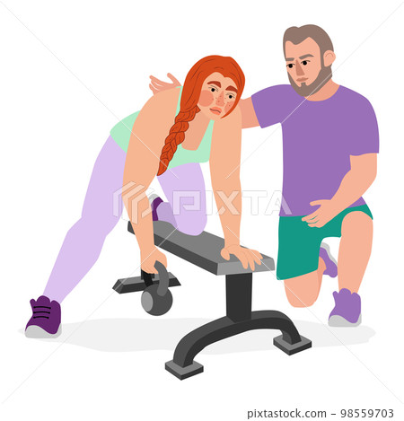 Woman doing kettlebbell row with personal trainer Woman doing kettlebbell row with personal trainer 98559703