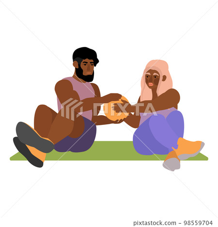 Young woman and man workout abs together 98559704