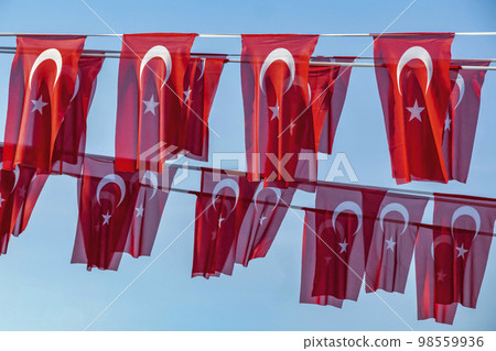 moon and starry red turkish flag and blue sky 98559936