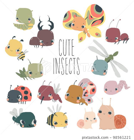 Cartoon Set with Cute Baby Insects on White Bckground 98561221