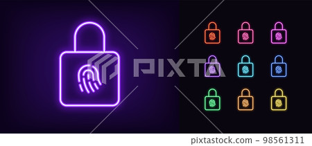 Outline neon lock icon set. Glowing neon lock frame with fingerprint sign, safe digital access pictogram. Cyber security, biometric scan, personal identification, verification check. 98561311