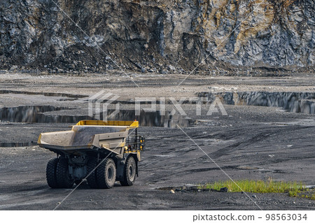 Dump truck in limestone mining, heavy machinery. Mining in the quarry. 98563034
