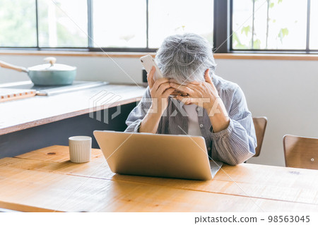 An elderly woman who is shocked to see a computer in the dining room at home (stress, despair) 98563045