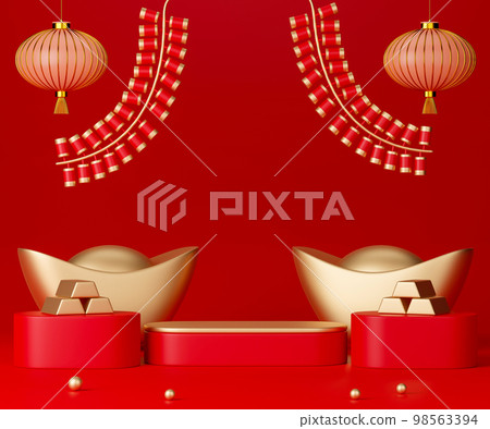 3d rendering Chinese new year day podium with gold ingots, lantern and Chinese firecrackers. 3d rendering Chinese new year day podium with gold ingots, lantern and Chinese firecrackers. 98563394