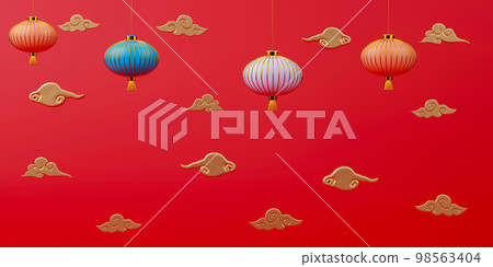 3d rendering Chinese new year day background with colorful lanterns and gold clouds. 3d rendering Chinese new year day background with colorful lanterns and gold clouds. 98563404