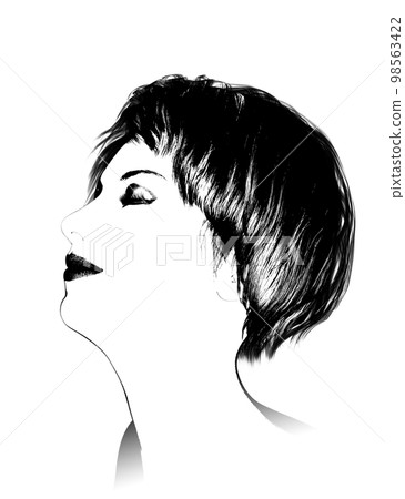 Black and white illustration of a woman's profile with a hairstyle Black and white illustration of a woman's profile with a hairstyle 98563422