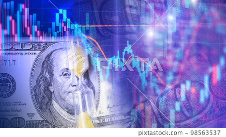 One hundred dollar bill with hourglass on the background of Candlestick charts as a concept of Stock trading One hundred dollar bill with hourglass on the background of Candlestick charts as a concept of Stock trading 98563537