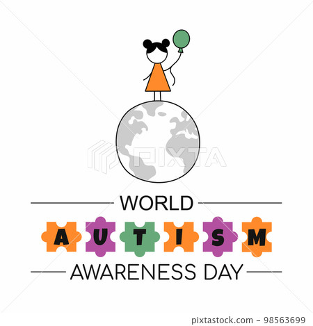 World autism awareness day. Girl with air balloon. Planet Earth. Vector doodle illustration. Inscription. 98563699