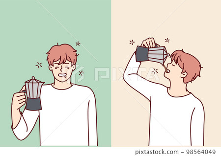 Tired man feels relieved and cheerful while drinking coffee drink from jug. Vector image Tired man feels relieved and cheerful while drinking coffee drink from jug. Vector image 98564049