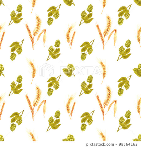 Handdrawn malt seamless pattern. Watercolor green malt and wheat on the light background. Scrapbook design, typography poster, label, banner, textile. 98564162