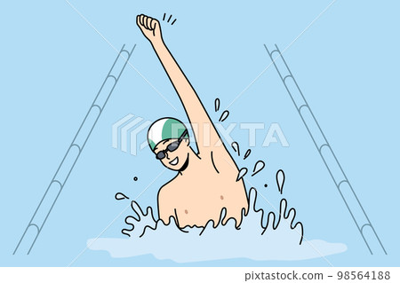 Excited man celebrate win in swimming contest 98564188