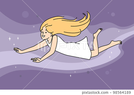 Smiling girl flying in sky dreaming 98564189