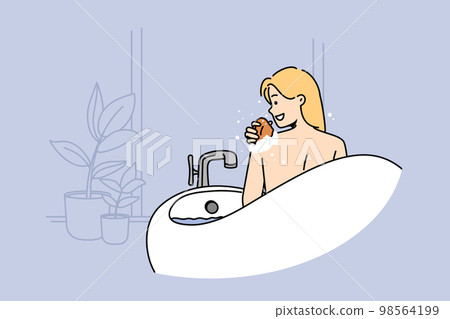Smiling woman enjoy hot bathtub  98564199
