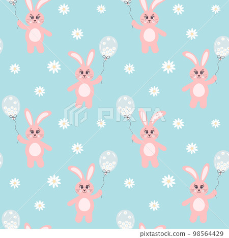 Seamless pattern with pink bunny holding a balloon full of chamomiles on blue background. Great for textile, fabric prints, wrapping paper. 98564429
