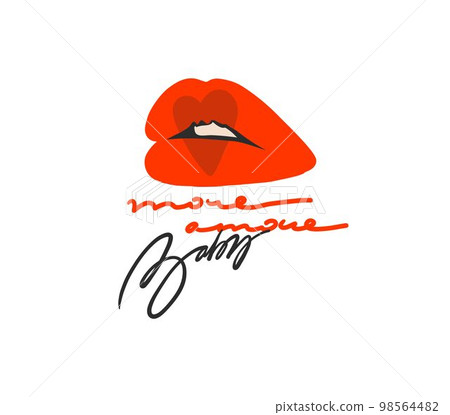 Hand drawn vector abstract graphic illustration Valentines day design elements, abstract open mouth beauty lips sign. Love design concept outline icon.Valentines text, More Amore,Baby,isolated. 98564482