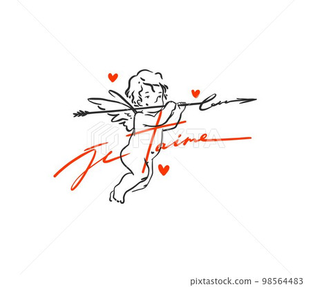 Hand drawn vector abstract graphic illustration Valentines day design elements, abstract Cupid angel with hearts,outline icon. Love design concept handwritten text.Valentines text, Je Taime ,isolated. Hand drawn vector abstract graphic illustration Valentines day design elements, abstract Cupid angel with hearts,outline icon. Love design concept handwritten text.Valentines text, Je Taime ,isolated. 98564483