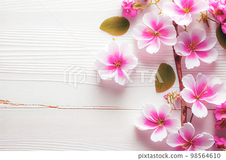 Beautiful pink flowers on white wooden background, Valentine's day concept with copy space Beautiful pink flowers on white wooden background, Valentine's day concept with copy space 98564610
