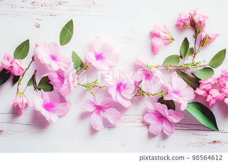 Beautiful pink flowers on white wooden background, Valentine's day concept with copy space Beautiful pink flowers on white wooden background, Valentine's day concept with copy space 98564612