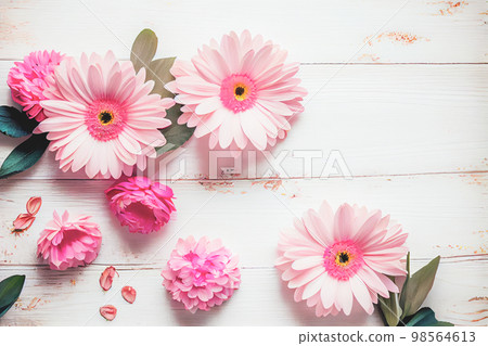 Beautiful pink flowers on white wooden background, Valentine's day concept with copy space Beautiful pink flowers on white wooden background, Valentine's day concept with copy space 98564613