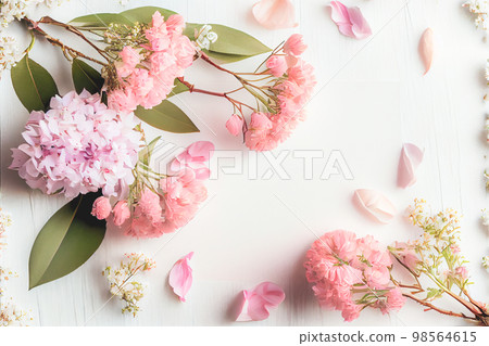 Beautiful pink flowers on white wooden background, Valentine's day concept with copy space Beautiful pink flowers on white wooden background, Valentine's day concept with copy space 98564615