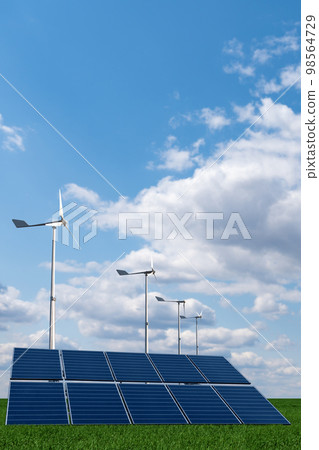 Solar panels and wind turbines on a green field. Solar panels and wind turbines on a green field. 98564729