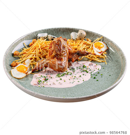 Cooked quail with pai potatoes chickpeas and eggs Cooked quail with pai potatoes chickpeas and eggs 98564768
