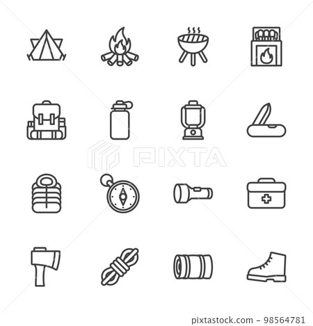 Camping icon, Hiking, Thin line icon set. Camping icon, Hiking, Thin line icon set. 98564781