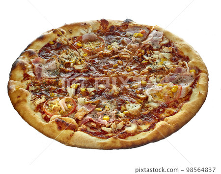 Large delicious pizza with corn, tomatoes, ham and oregano, highlighted on a white background. One hundred percent sharpness. 98564837