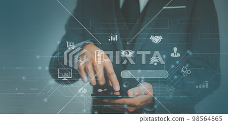 Businessman useing a smartphone connect to online data information. technology IoT, internet of things concept.. 98564865