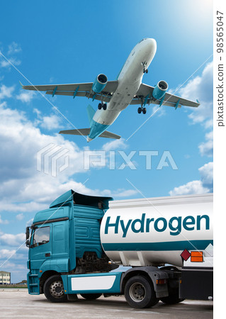 Airplane and truck with hydrogen tank trailer. 98565047