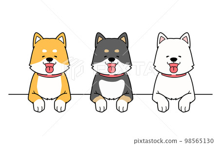 Vector illustration of three hand-drawn Shiba Inu dogs smiling and putting their paws on a platform 98565130