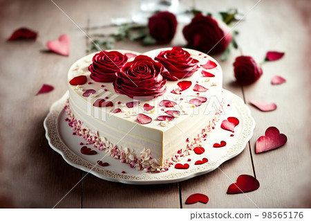 Heart cake for St. Valentines Day, Mothers Day or Birthday, decorated with roses. Valentine's Day with love. Generative AI illustration Heart cake for St. Valentines Day, Mothers Day or Birthday, decorated with roses. Valentine's Day with love. Generative AI illustration 98565176