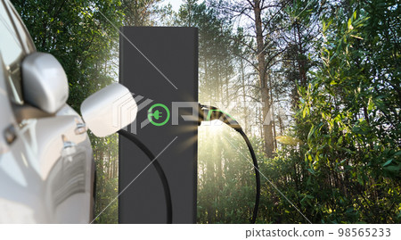 Close up of electric car inlet with a connected charging cable Close up of electric car inlet with a connected charging cable 98565233
