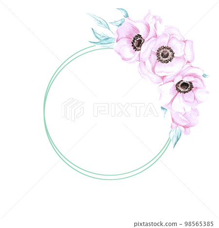 Handdrawn anemone wreath. Watercolor wind flower on the white background. Scrapbook design elements. Typography poster, wedding card, label, banner design set. Handdrawn anemone wreath. Watercolor wind flower on the white background. Scrapbook design elements. Typography poster, wedding card, label, banner design set. 98565385