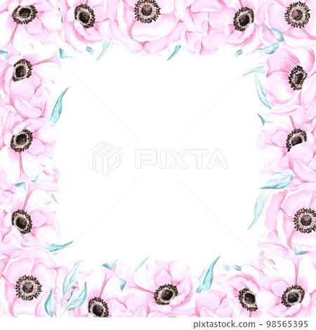 Handdrawn anemone frame. Watercolor wind flower on the white background. Scrapbook design elements. Typography poster, wedding card, label, banner design set. 98565395