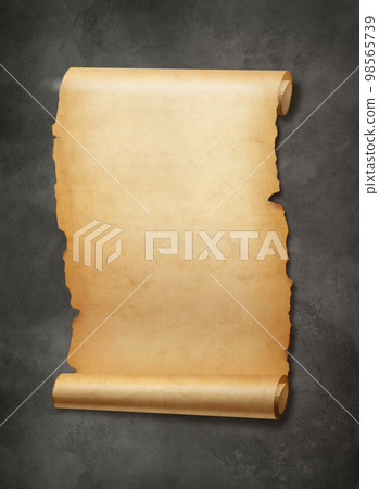 Old mediaeval paper sheet. Parchment scroll on a concrete wall Old mediaeval paper sheet. Parchment scroll on a concrete wall 98565739