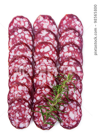 Raw smoked sausage cut into pieces with rosemary 98565800