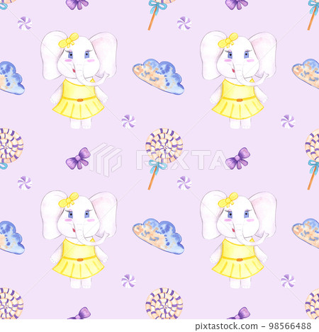 Handdrawn watercolor candy and elephant seamless pattern children's textile. Scrapbook design, typography poster, label, banner, post card. 98566488