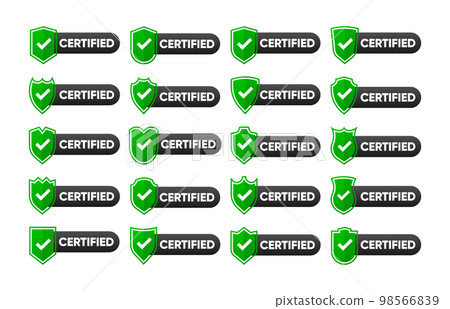 Certified badge, stamp, seal big collection. Green seal of origin and quality. Certify flat shield with check mark. Vector illustration. Certified badge, stamp, seal big collection. Green seal of origin and quality. Certify flat shield with check mark. Vector illustration. 98566839